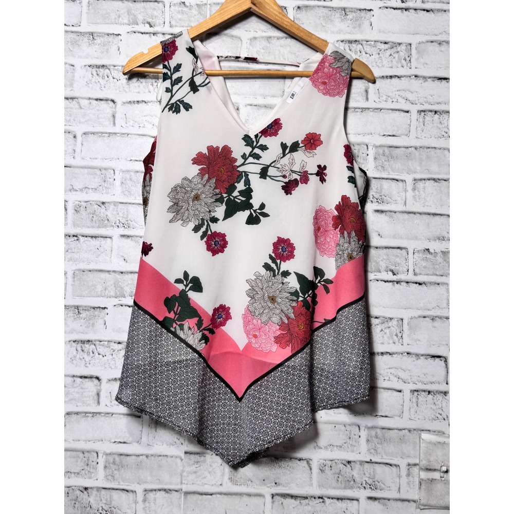 DR2 Womens Floral Handkerchief Hem Sleeveless V-Neck Blouse Ivory Pink S